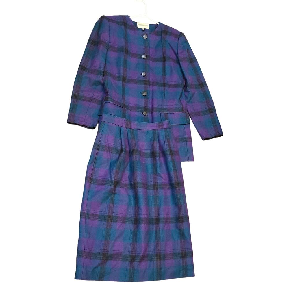 Vintage Pure Wool skirt suit set purple teal plaid career Professional 8 M S